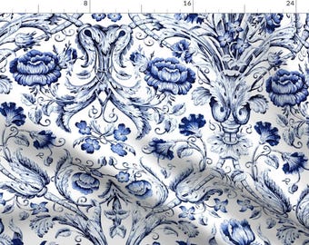 Blue Vintage Floral Fabric - Blue Floral Damask by eti_enne - Arts And Crafts William Morris Historical Fabric by the Yard by Spoonflower