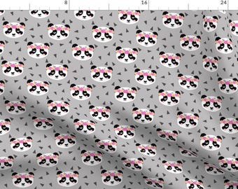 Pandas Fabric - Boho Panda Flowers Crown Princess Gray By Charlotte Winter - Pandas Cotton Fabric By The Yard With Spoonflower