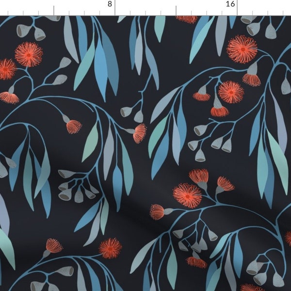 Nature Fabric - Summertime By Lavish Season - Botanical Blooms Midnight Garden Florals Blue Red  Cotton Fabric By The Yard With Spoonflower