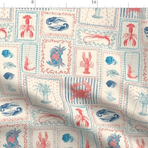 Coastal Patchwork Fabric - Crustaceans by house_of_haricot - Cream Blue Red Stripes Crab Lobster Fabric by the Yard by Spoonflower