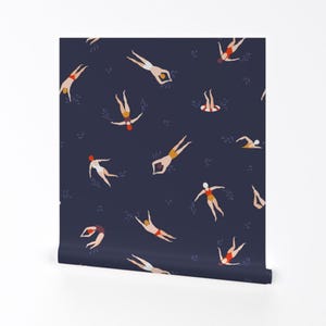 Swimming Wallpaper - Cute Swimmers On The Dark By Alenkakarabanova - Custom Printed Removable Self Adhesive Wallpaper Roll by Spoonflower