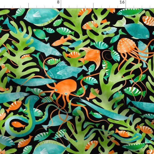 Octopus Fish and Eels Fabric - 200 Feet Below - The Teeming Ocean By Vo_Aka_Virginiao - Octopus Cotton Fabric By The Yard With Spoonflower