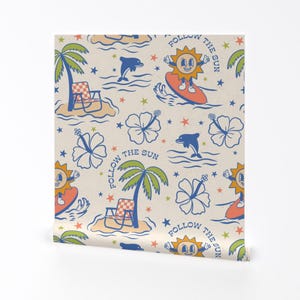 Vintage Summer Removable Peel and Stick Wallpaper - Surfing Retro Sun Palm Tree - Wall Art Wall Decor - Tropical Surfing by camilaprints