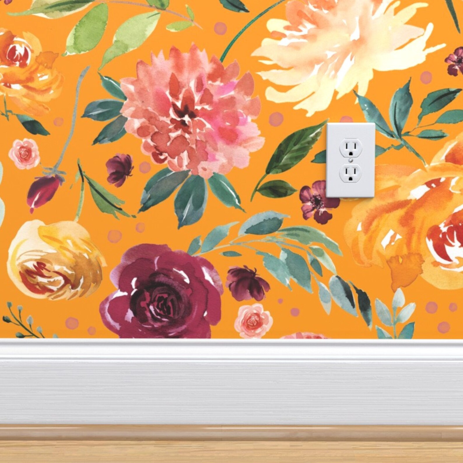 Floral Wallpaper Paprika Orange Watercolor Floral by - Etsy
