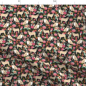 Pug Fabric - Pug Florals Pet Dog Fabric By Petfriendly - Pug and Floral Black Cotton Fabric By The Yard With Spoonflower Fabrics