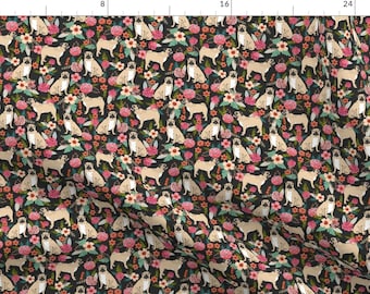 Pug Fabric - Pug Florals Pet Dog Fabric By Petfriendly - Pug and Floral Black Cotton Fabric By The Yard With Spoonflower Fabrics
