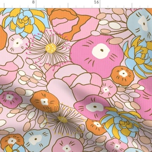 Flowers Fabric - 1970s Floral By Vivdesign - Vintage Retro Mod Trending Pink Home Decor Flowers Cotton Fabric By The Yard With Spoonflower