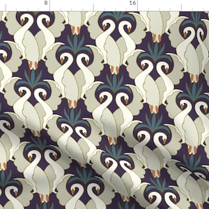 May include: A seamless pattern featuring stylized white swans with gold accents on a deep purple background. The swans are arranged in a repeating pattern, creating a geometric design. The pattern is accented with teal blue and brown details.