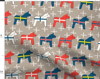 Horse Fabric - Scandinavian Wooden Dala Horses By Seabluestudio - Horse Flag Scandi Mod Cotton Fabric By The Yard With Spoonflower