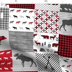 Red Rustic Cheater Quilt Fabric - Buffalo Plaid Whole Cloth Quilt Moose Bear By Charlottewinter - Cotton Fabric by the Yard with Spoonflower
