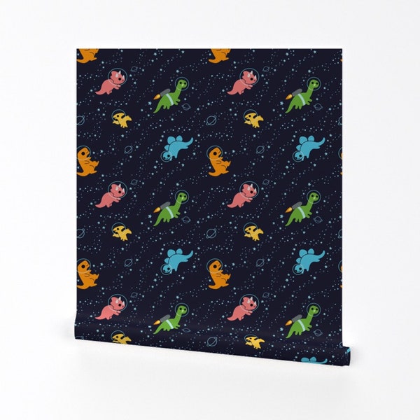 Cute Dinosaur Wallpaper - Dinosaurs In Space by kristykate - Prehistoric Dinosaurs Space Removable Peel and Stick Wallpaper by Spoonflower