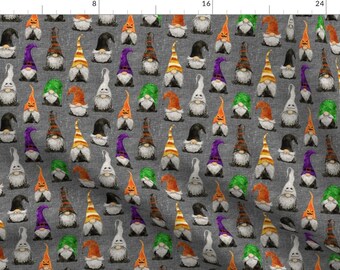 Spooky Gnome Fabric - Halloween Gnomes On Grey - Smaller Scale By Red Raspberry Design - Gnome Cotton Fabric By The Yard With Spoonflower