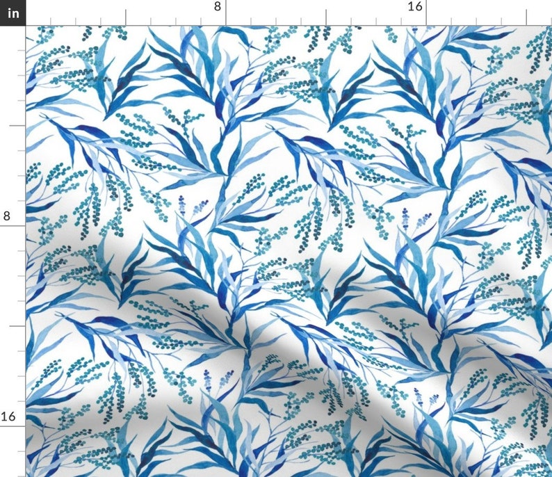 Leaves Fabric blue Floral Watercolor Branches by Yashroom - Etsy