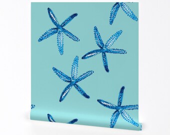 Papel pintado de estrella de mar - Cestlaviv Starfish18 de @Vivsbeautifulmess - Rollo de papel pintado autoadhesivo extraíble con estampado personalizado azul de Spoonflower