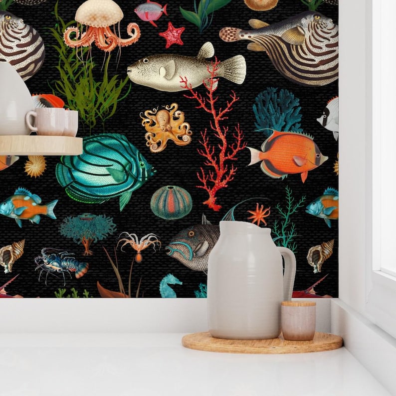 Coastal Marine Peel and Stick Wallpaper - Ocean Life Nautical - Removable Wall Decor Art - Oceania In Black by delinda_graphic_studio image 7