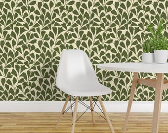 Boho Peel and Stick Wallpaper - Botanical Leaves Green Dot Abstract Bohemian - Removable Wall Decor Art - Abstract Leaves by scarlet_soleil