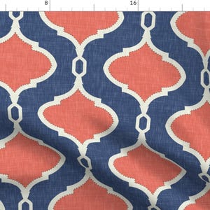 Modern Quatrefoil Fabric - Alessandra In Navy And Coral By Willowlanetextiles - Navy and Coral Cotton Fabric By The Yard With Spoonflower