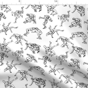 May include: A black and white seamless pattern featuring a repeating design of wrestlers in various poses. The wrestlers are drawn in a simple, sketchy style.