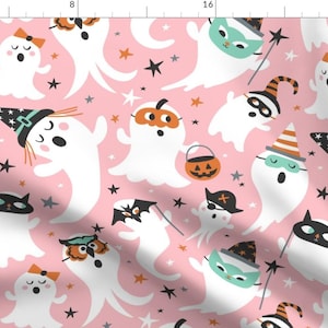 Halloween Fabric - Peek A Boo Party By Heatherdutton - Halloween Pink White Ghosts Masks Candy Cotton Fabric By The Yard With Spoonflower