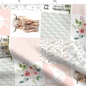 Highland Cow Fabric - Highland Cow Pink by twoduckssewingco - Cheater Quilt Wholecloth Quilt Topper Fabric by the Yard by Spoonflower