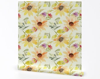 Floral Fabric - Sunflower Fields By Hipkiddesigns - Floral Sunshine Custom Printed Removable Self Adhesive Wallpaper Roll by Spoonflower