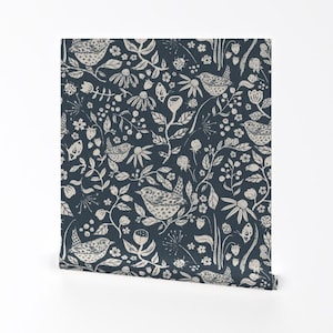 Woodland Botanical Removable Peel and Stick Wallpaper - Cottagecore Floral - Wall Art Wall Decor - Block Print Wren by wildspiraldesigns
