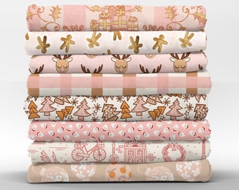 May include: A stack of eight pink and cream fabric panels with various Christmas-themed patterns, including reindeer, gingerbread men, Christmas trees, and ornaments.