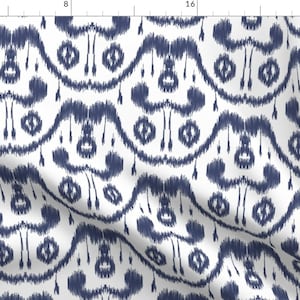 Blue White Ikat Print Fabric - Ikat Waves Indigo By Mjmstudio - Ikat Print Cotton Fabric By The Yard With Spoonflower