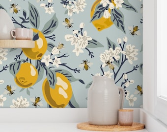Vintage Syle Wallpaper - Bees Lemons Light Blue By Fernlesliestudio - Floral Print Removable Self Adhesive Wallpaper Roll by Spoonflower