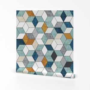 Moderne geometrische Hexagon Tapete - Hexo By Nouveau Boho - Benutzerdefinierte entfernbare selbstklebende Tapetenrolle von Spoonflower
