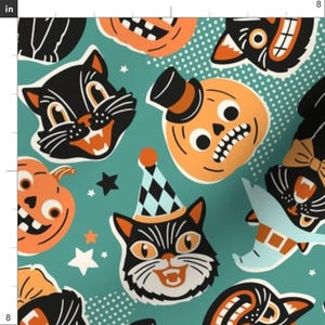Spooky Cats Fabric - Retro Halloween by mirabelle_print - Black Teal Orange Pumpkins Whimsical Hand Drawn Fabric by the Yard by Spoonflower immagine 3