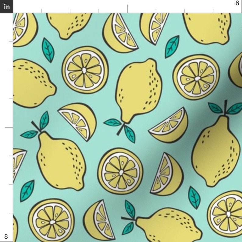 Lemon Fabric Lemon Citrus On Mint Green By Caja Design Etsy