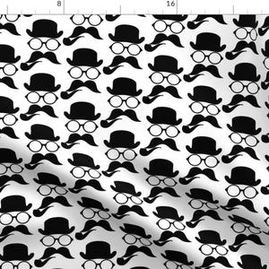 May include: Black and white repeating pattern featuring a bowler hat, glasses, a mustache, and a pipe. The pattern is on a white background.