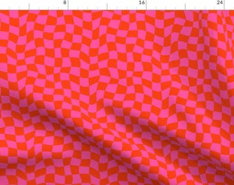 Bright Retro Check Fabric - Wavy Check Pink by jenwebbcreates -  Orange Red Hot Pink Checkered Psychedelic Fabric by the Yard by Spoonflower