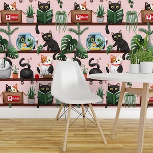 Funny Cats Peel and Stick Wallpaper - Black Cat Calico Cats Houseplants - Removable Wall Decor Art - My Favorite Things by whimsical_brush