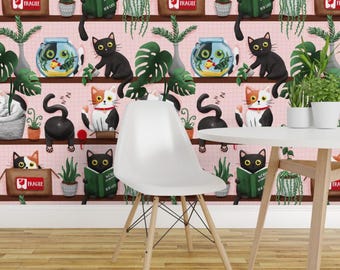 Funny Cats Peel and Stick Wallpaper - Black Cat Calico Cats Houseplants - Removable Wall Decor Art - My Favorite Things by whimsical_brush