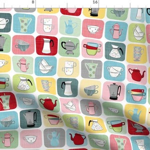 May include: A colorful pattern of teacups, teapots, and coffee pots in various colors and designs. The pattern is repeated on a white background.
