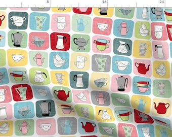 Kitchen Fabric - Retro Coffee Pots And Cups By Wickedrefined - Vintage Pastel Tea Cup Appliances Cotton Fabric By The Yard With Spoonflower