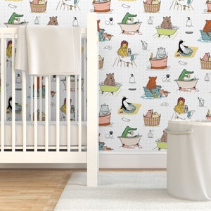Animal Bath Time Wallpaper - Bathtime by dasbrooklyn - Whimsical Cute Kids Bathtub  Removable Peel and Stick Wallpaper by Spoonflower