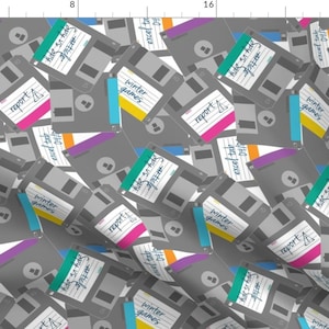 May include: A seamless pattern featuring grey floppy disks with colourful labels. The labels have handwritten text, including "hide in the attic", "excel tip", "report 2", "winter games", and "article".