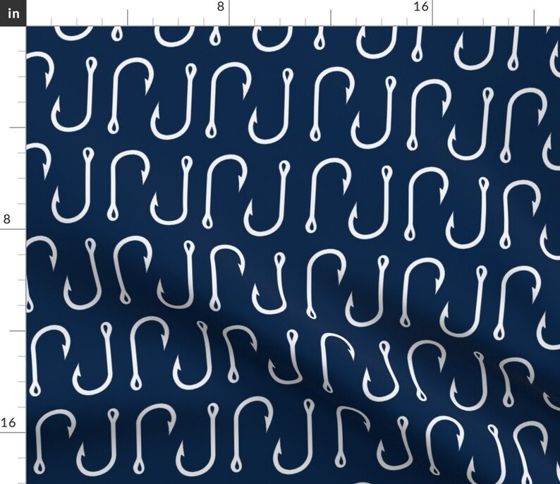 Navy Fish Hooks Fabric Fish Hooks Large Scale by Etsy