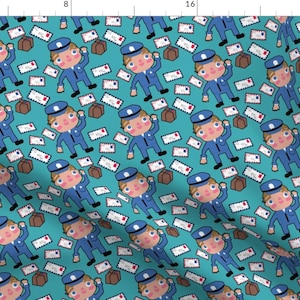 May include: A teal blue fabric with a repeating pattern of a cartoon mail carrier holding a brown package and a stack of letters. The mail carrier is wearing a blue uniform with a red hat and has blonde hair.