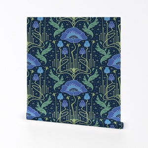 Poppy Flower Wallpaper Art Nouveau Poppies Blue by bamokreativ Victorian Damask Removable Peel and Stick Wallpaper by Spoonflower image 1