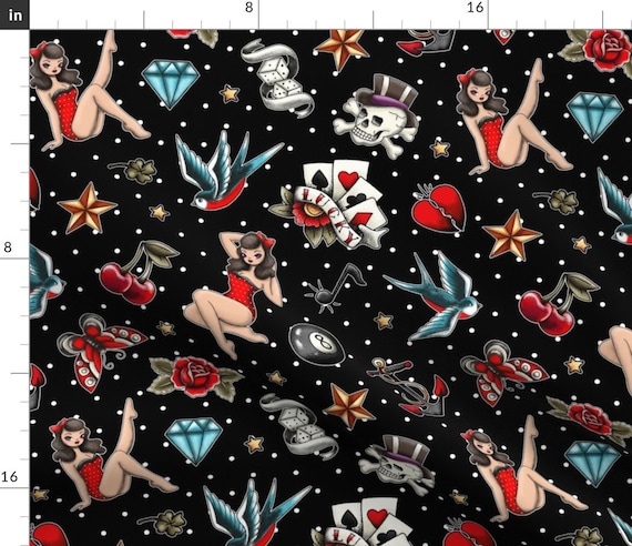 Rockabilly Tattoos Retro Pattern Fabric Rockabilly Fun By Etsy