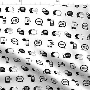 Cell Phone Fabric - Fun Mobile Phone Text SMS Messaging Black and White  By Cloudycapevintage -  Cotton Fabric By The Yard With Spoonflower