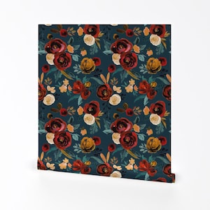 Papel pintado de rosas otoñales - Valentina Red Rose River Teal de Crystal Walen - Rollo de papel pintado autoadhesivo extraíble con impresión personalizada de Spoonflower