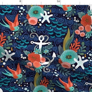 Underwater Starfish Blue Floral Fabric - Pretty Nautical By Cynthiafrenette - Underwater Cotton Fabric By The Yard With Spoonflower
