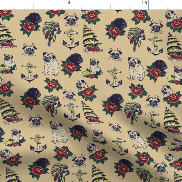 Pugs Floral Beige Nautical Pattern Fabric - Pugs Tattoo By Huebucket - Pug Roses Illustration Cotton Fabric By The Yard With Spoonflower