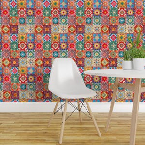 Papel de Parede Azulejos Espanhóis - Viva España! Por Leventetladiscorde - Rolo de Papel de Parede Autoadesivo Removível com Impressão Personalizada Vermelha da Spoonflower