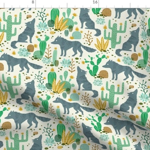 Desert Fabric - Wolf In The Cactus Desert Green Mustard By Heleen Vd Thillart Southwestern Boho Trend - Desert Fabric With Spoonflower